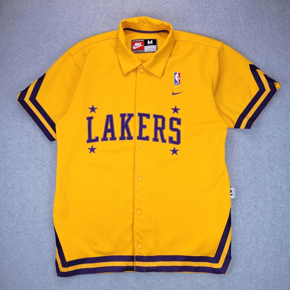 Nike Retro Rewind Shooting Shirt Mens Medium Gold Lakers NBA Snap Short Sleeve